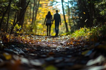 Fototapeta premium Couple walking hand in hand through a scenic autumn forest path with yellow leaves and a peaceful atmosphere