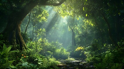 Obraz premium Sunbeams Illuminating a Lush Rainforest Path