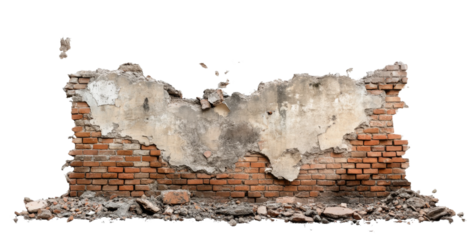 Cracked and damaged brick wall with peeling plaster and debris on a transparent background