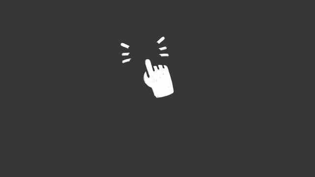 Clickable animation: Unique Doodle Cute Hand icon, cursor pushing on a screen, transparent background, can be composed with the subscribed button.