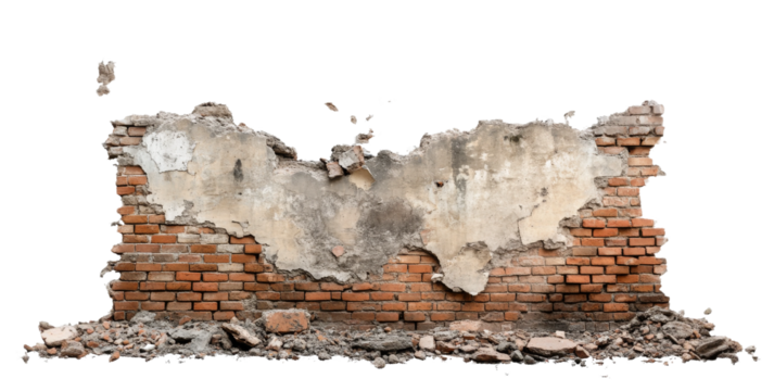 Cracked and damaged brick wall with peeling plaster and debris on a transparent background