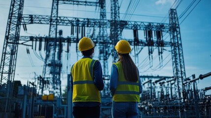 Fototapeta premium Electrical Engineers Inspecting Electrical Substation Infrastructure
