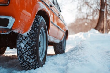 Fototapeta premium An orange car parked on snowy ground surrounded by tall trees in a tranquil winter forest
