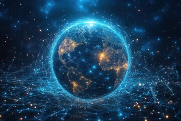 Obraz premium abstract visualization of worldwide web connectivity globe surrounded by intricate network of glowing lines and nodes representing global digital communication
