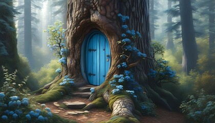 Enchanting blue door in an ancient tree trunk, beckoning entry to a magical realm