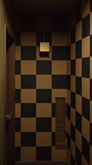 Checkerboard Wall with a Golden Light Fixture and a Wooden Door.