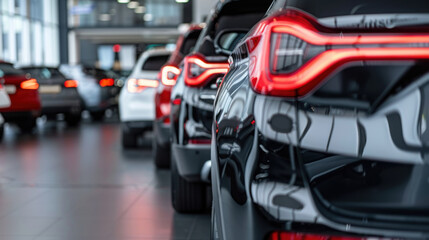 Fototapeta premium Close-up of luxury vehicles parked in a row inside a bright and modern dealership, showcasing tail lights and sleek designs.