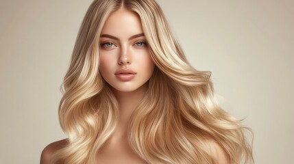 Naklejka premium Stunning blonde woman with long, shiny wavy hair, styled to perfection. Her glowing skin and natural makeup complete the look.