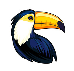 Ai generated toucan bird mascot, generative ai wild tropical animal. Colorful jungle bird with big beak and brightly colored feathers. Isolated emblem for the sports team, zoo park, club or brand