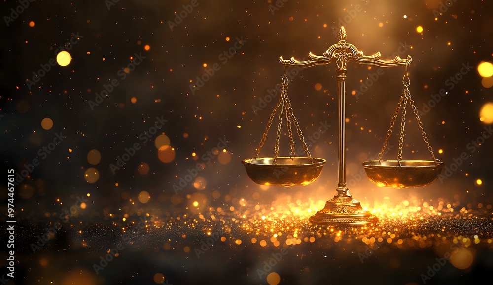 Poster a golden scale of justice sits on a dark background with sparkling bokeh lights.