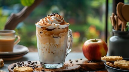 Side view of iced cold Dalgona frothy coffee from served on a coffee table with cookies and apple for afternoon tea