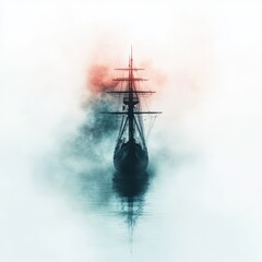 Fototapeta premium A majestic silhouette of an old sailing ship emerges from the misty fog on a calm sea, perfect for nautical themes or historical presentations,