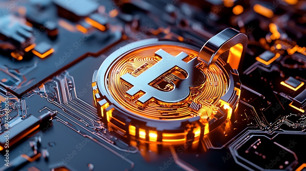 Poster a golden bitcoin rests atop a complex circuit board, embodying the intricate world of digital curren