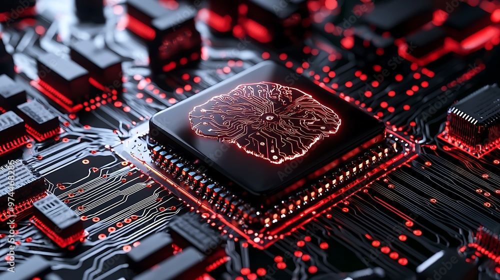 Poster a red brain, wired into a circuit board, glows ominously against a shadowed backdrop, hinting at adv