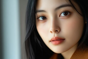 Catchy beauty portrait of a young Asian woman shot against a pink background