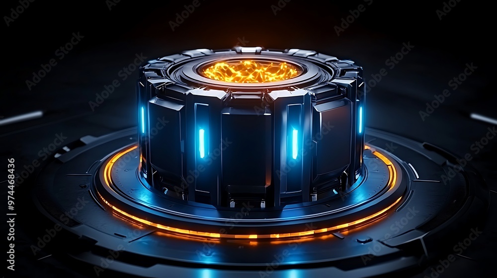 Poster a futuristic 3d render captures the interplay of blue and orange lights, creating a mesmerizing danc