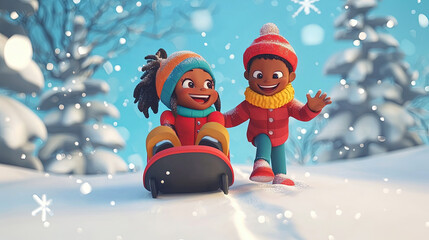 Happy brother and sister riding a sled, Christmas holidays and outdoor recreation, 3D poster with wishes for a Merry Christmas and a Happy New Year