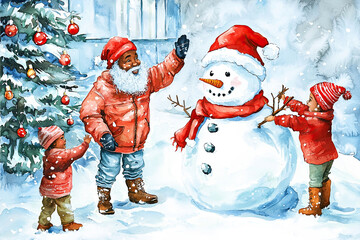 Watercolor drawing of grandfather with grandchildren building a snowman in the yard of the house, Christmas tree and happy winter holidays