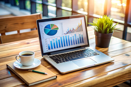 Photo laptop is displayed on a wooden table, showcasing charts and graphs related to analysis, business accounting, and statistics concepts.