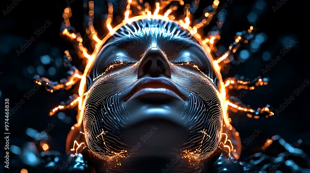 Poster an abstract face is traced by glowing lines and soft bokeh, capturing an ethereal beauty.