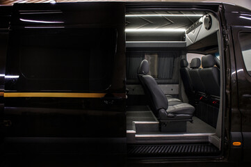 Obraz premium Comfortable interior of a passenger bus with soft seats. The design is made to order. Private covering of cars. Various elements of the bus interior.