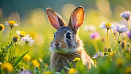 Adorable curious cottontail rabbit with fluffy ears and twitching whiskers peers out from behind a blooming wildflower in a sun-drenched meadow landscape.