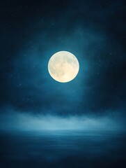 Fototapeta premium A bright full moon illuminates a serene night sky over a calm sea, creating a tranquil and dreamy ambiance, ideal for themes of tranquility, night, nature, and fantasy,