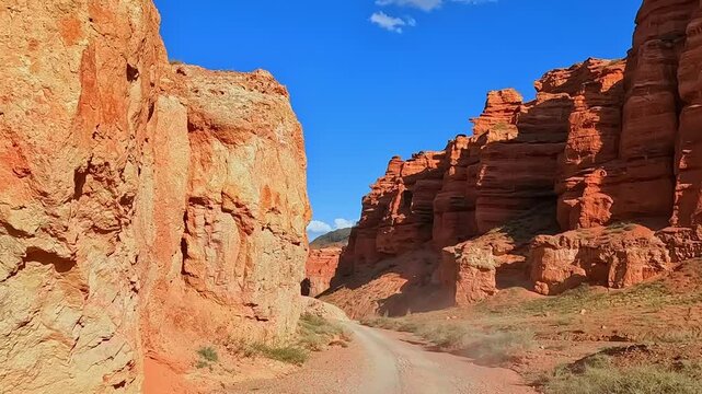 Charyn Canyon, Valley of Castles. The excellence of Kazakhstan. Panorama of natural unusual landscape. The red canyon of extraordinary beauty looks like a Martian landscape.