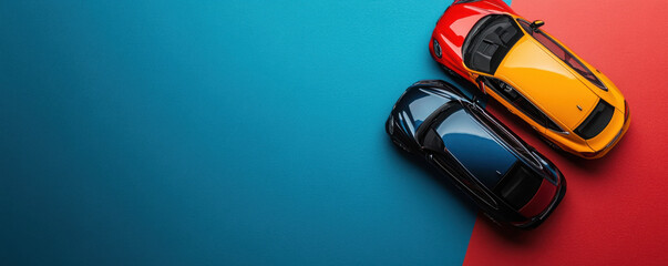 A top-down view of two sports cars, one red and one yellow, positioned on a split blue and red background.