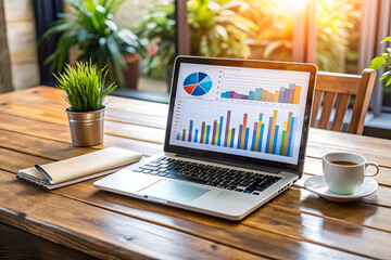 Photo laptop is displayed on a wooden table, showcasing charts and graphs related to analysis, business accounting, and statistics concepts.