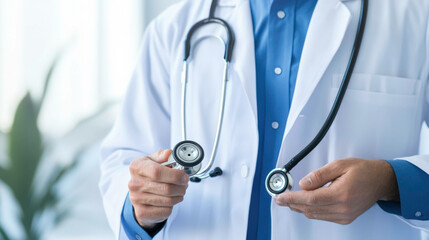 A doctor holding a stethoscope, explaining a diagnosis to a patient, wearing a white lab coat and blue shirt, symbolizing expertise, trust, and attentive healthcare in a clinical setting.