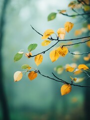 Close-up of autumn leaves on a tree branch with a blurred, foggy forest in the background, perfect for nature, fall-themed projects, or promoting seasonal changes and tranquility,
