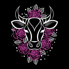 Minimalistische Kuh mit Hörnern und Rosen
