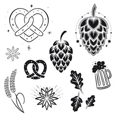 Oktoberfest Vektor Symbole. Brezel Herz, Hopfen, Edelweiß, Bier und Weizenähren. 