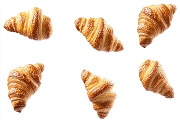 Freshly baked croissant floating in the air, isolated on a white background. French pastry croissants flying or floating. 