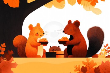 Two Squirrels Sharing a Picnic in Autumn