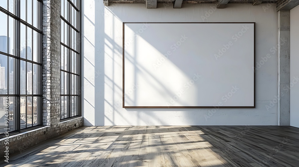 Poster an empty loft with wooden floors and a sunlit window awaits creation, its large canvas ready for art