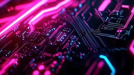 Fototapeta premium Glowing circuit board with neon lights.