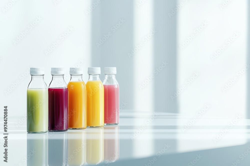 Poster a collection of colorful juice bottles arranged on a reflective surface.