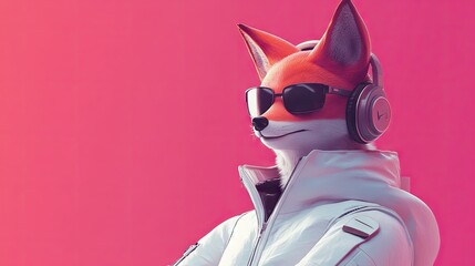 A fox-headed character in a white jacket with sleek headphones and sunglasses, enjoying music against a solid pink backdrop.
