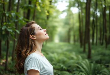 Mindful Woman Breathing Fresh Forest Air Nature Therapy