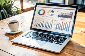 Photo laptop is displayed on a wooden table, showcasing charts and graphs related to analysis, business accounting, and statistics concepts.