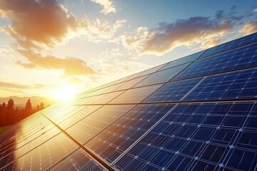 a photo for green energy with solar pannels and wind turbines