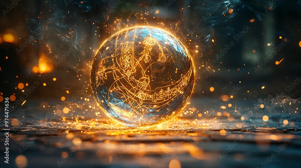 Poster a glowing orb adorned with intricate patterns and sparkling energy pulses with otherworldly beauty.