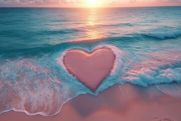 Fototapeta premium aerial view of heartshaped pink sand island in turquoise waters gentle waves creating intricate patterns along the shoreline dreamy pastel sky with wispy clouds at golden hour