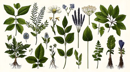 Naklejka premium A botanical illustration reveals the intricate details of green plants and flowers, complete with visible roots.