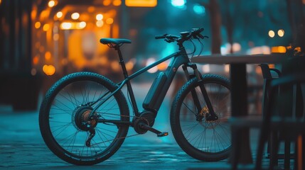 Eco-Friendly Electric Bike Outside a Cafe in a City Setting with Copy Space