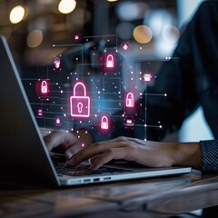 Hands typing on a laptop with cybersecurity symbols overlay, representing data protection and internet security.