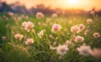 Obraz premium Soft focus of grass flowers wit h sunset light, peaceful and relax natural beauty, spring Easter wild flowers background concept.