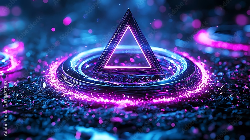 Poster an abstract neon triangle, surrounded by bokeh lights and glowing circles, creates a futuristic visu